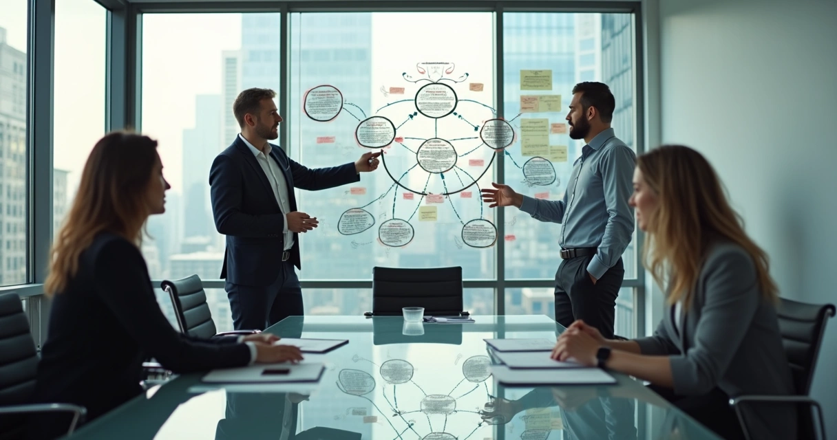 Equipo de oficina analizando un esquema de relaciones laborales en una pared 