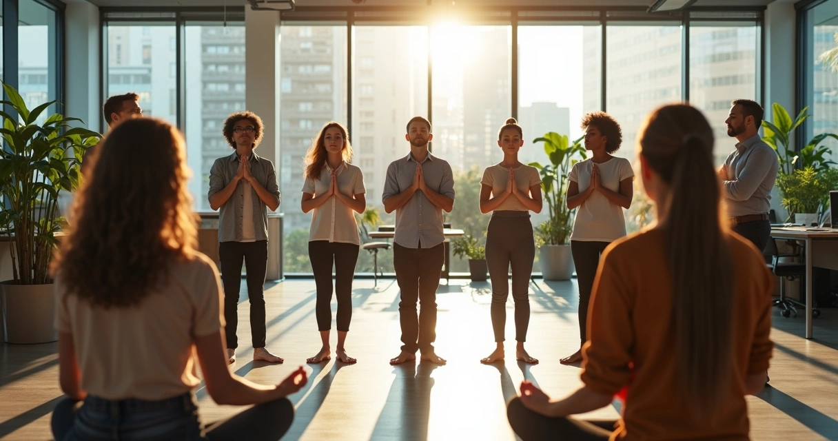 Equipo en oficina haciendo una pausa de meditación juntos.