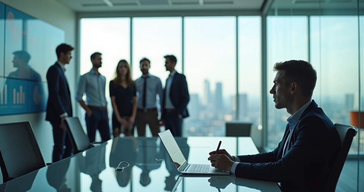 Equipo de oficina reunido con un empleado aislado mostrando tensión emocional sutil 