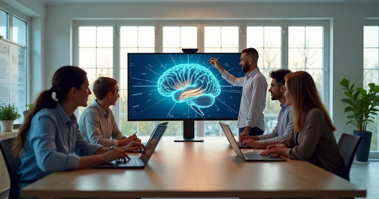 Equipo moderno colaborando en oficina con visualización cerebral en pantalla 
