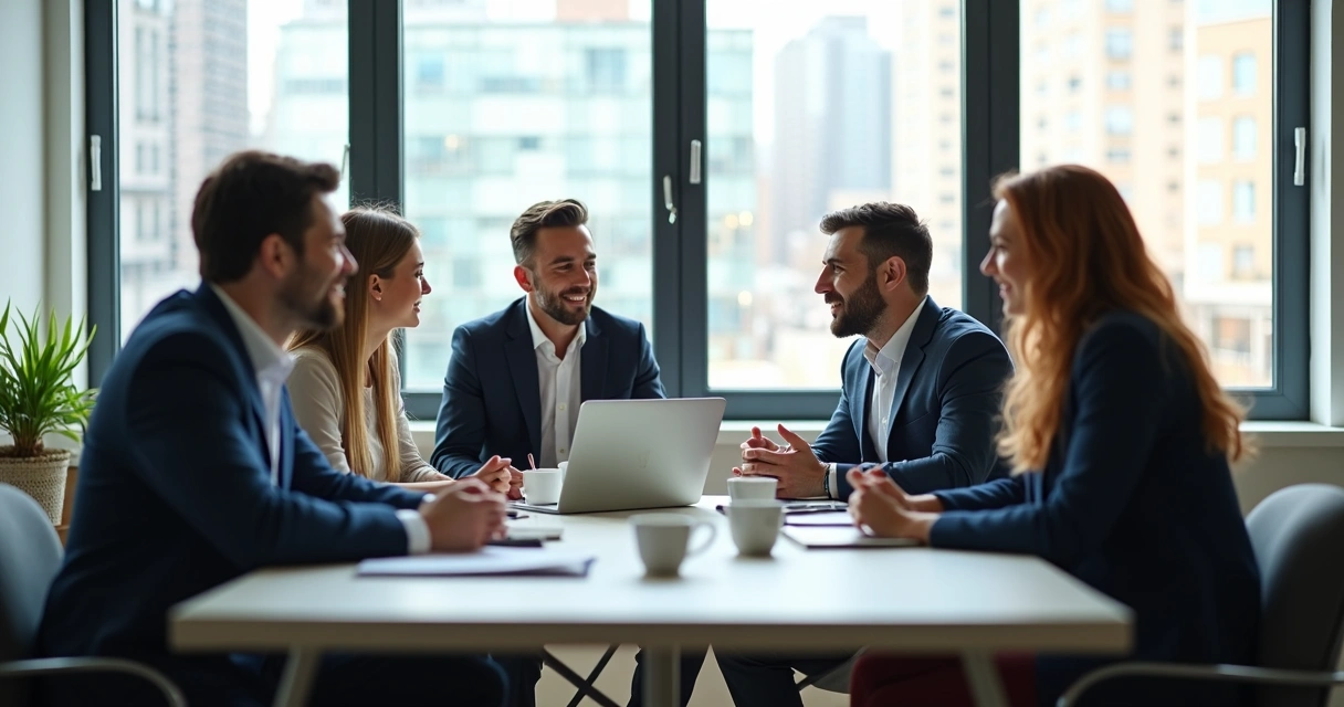 Equipo de trabajo seguro y conectado en una sala de reuniones