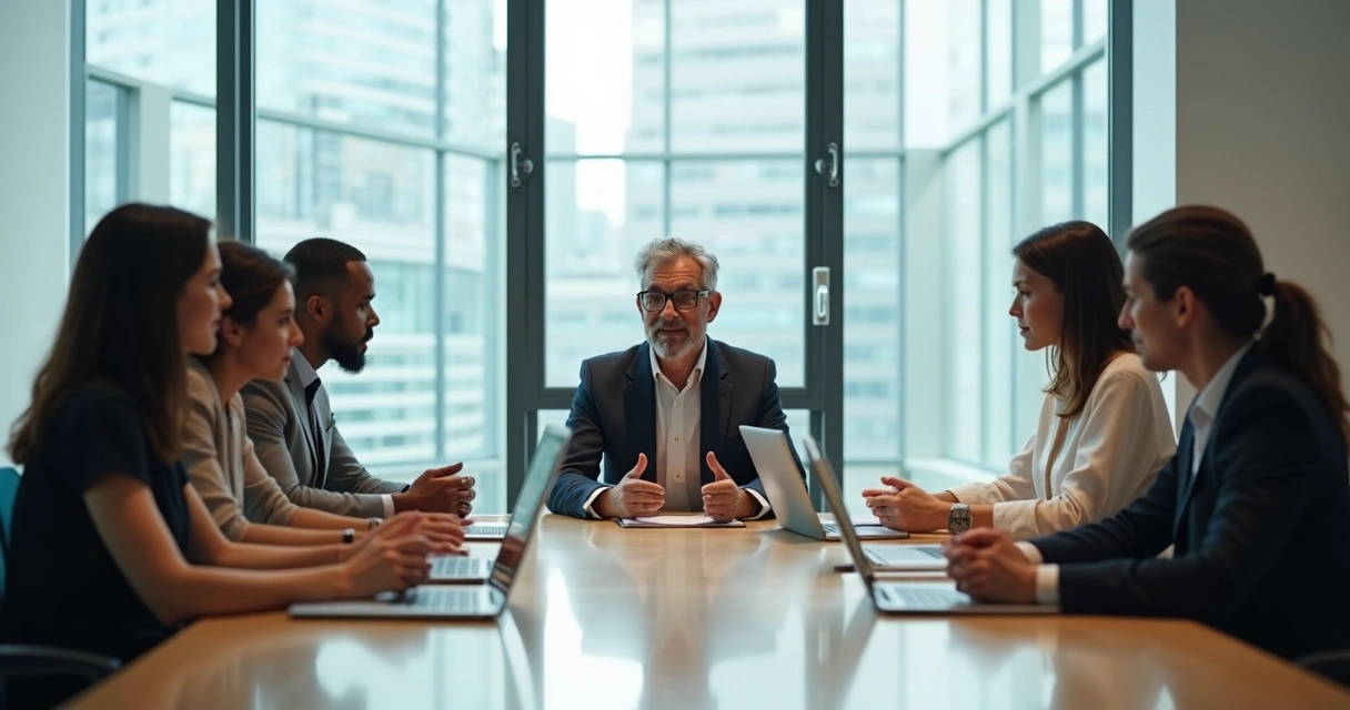 Equipo de trabajo en oficina moderna mostrando influencia invisible de sesgos colectivos 