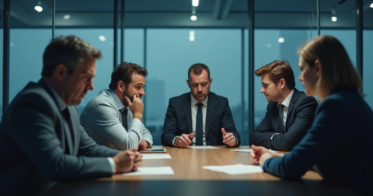 Grupo en oficina con expresiones tensas