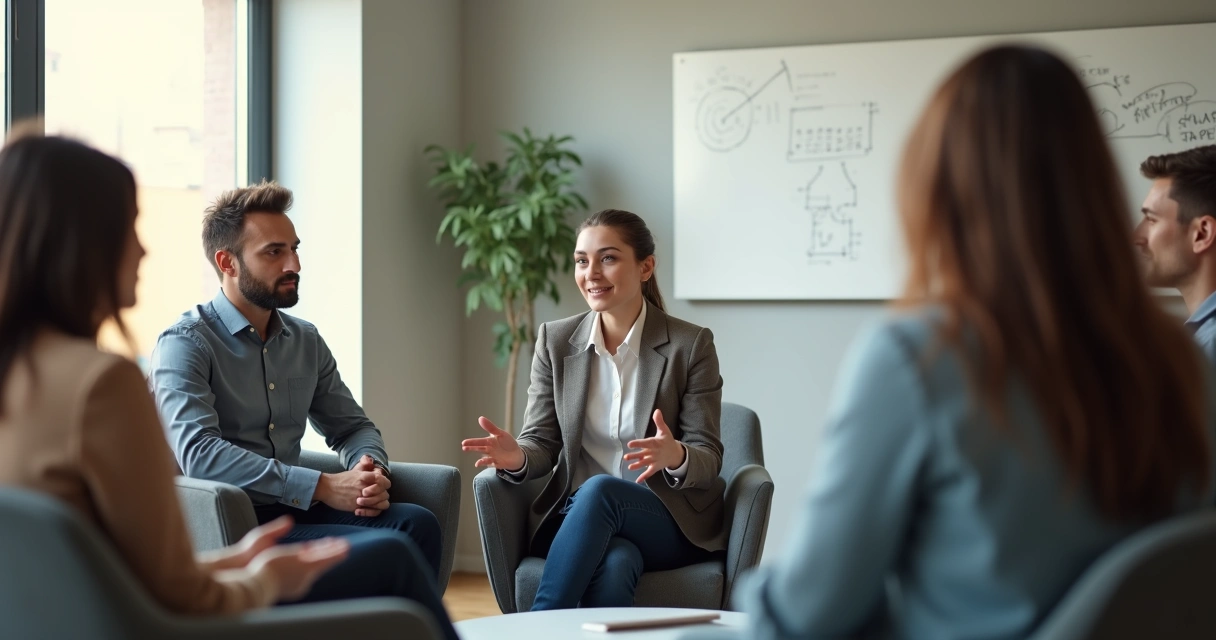 Equipo de oficina sentado en círculo compartiendo vulnerabilidad en el trabajo 