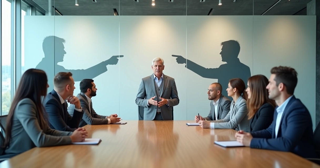 Equipo directivo en reunión con siluetas de sombra señalando con el dedo 