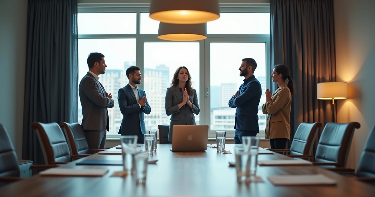 Equipo haciendo una pausa breve en sala de reuniones 