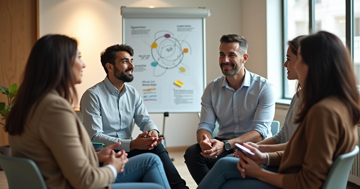 Equipo pequeño reunido en círculo conciliando diferencias en una sala de oficina luminosa 
