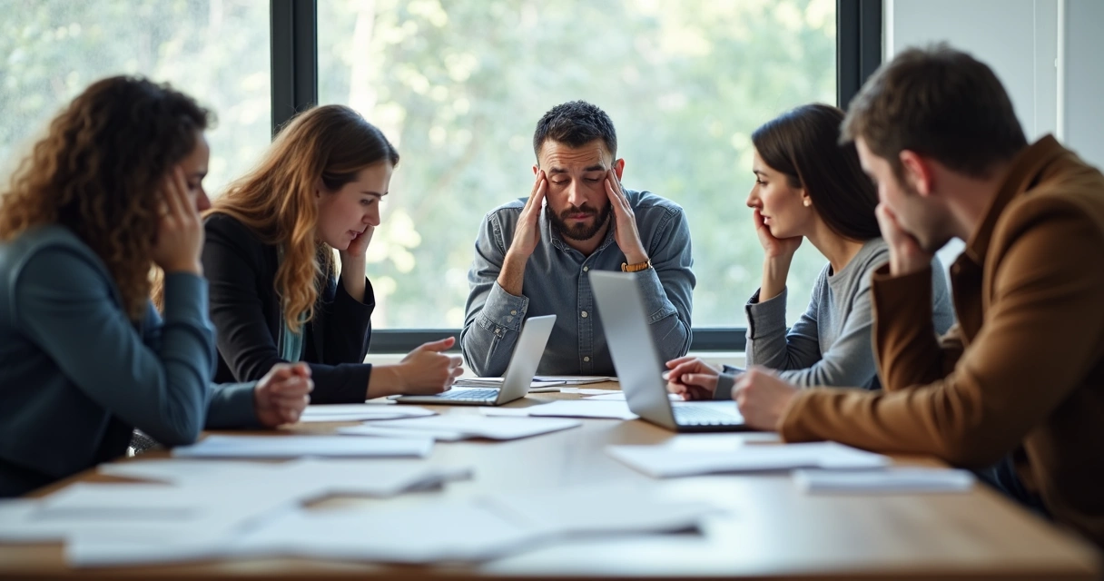 Equipo de trabajo mostrando tensión facial y gestual durante una reunión