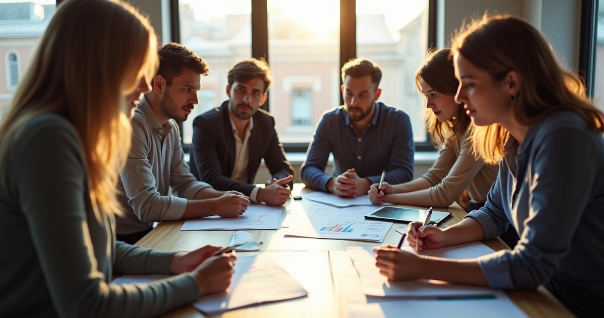 Personas sentadas en círculo con papeles y esquemas, probando escenarios y analizando alternativas.