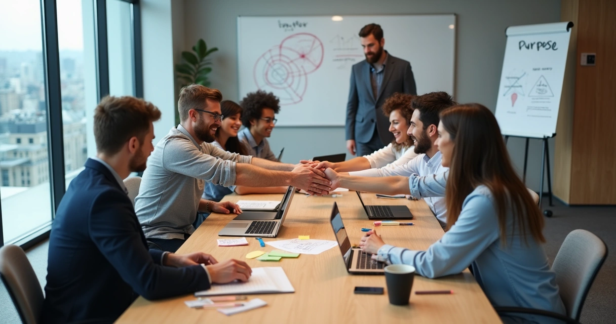 Equipo diverso de trabajo uniendo manos sobre la mesa en una reunión estratégica 
