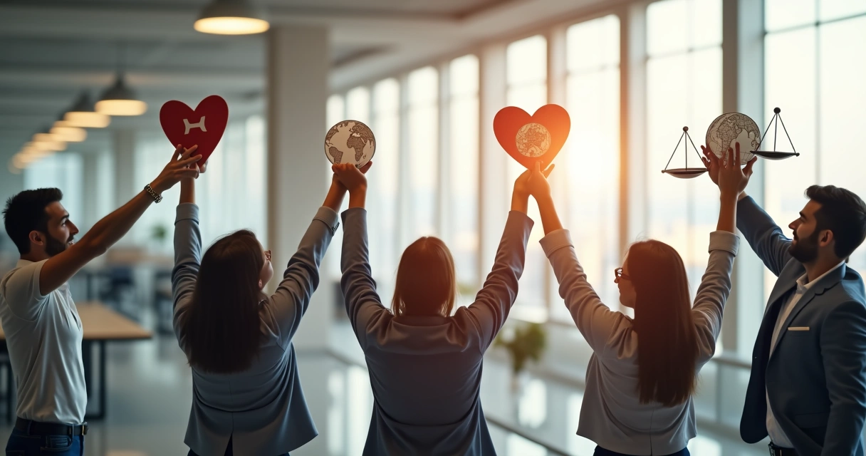 Equipo de trabajo levantando símbolos de valores y propósito