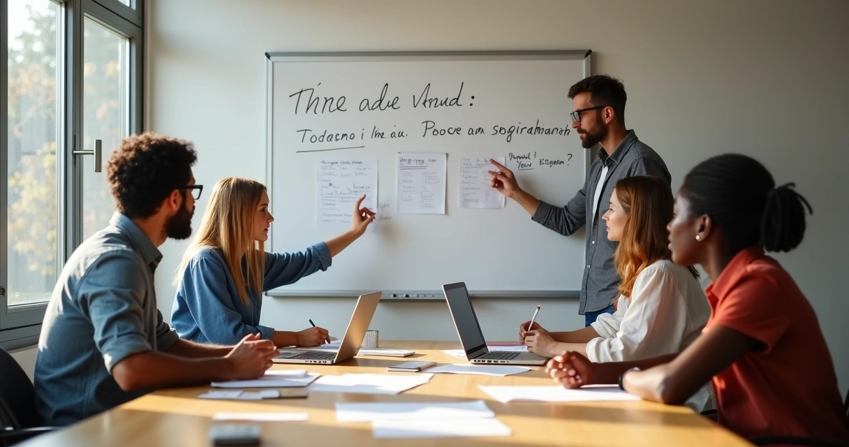 Equipo de trabajo colaborando en una mesa de trabajo 
