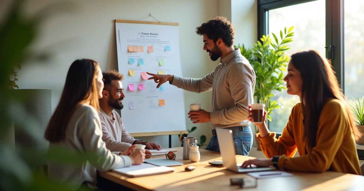 Equipo diverso de proyecto social relajado trabajando junto en espacio luminoso 