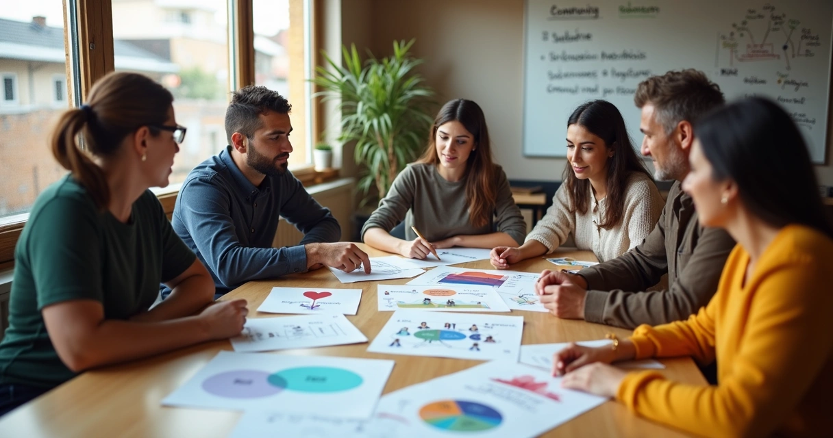 Equipo diverso planificando un proyecto social con enfoque humano 
