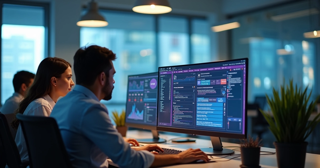 Equipo de oficina recibiendo notificaciones en computadoras 