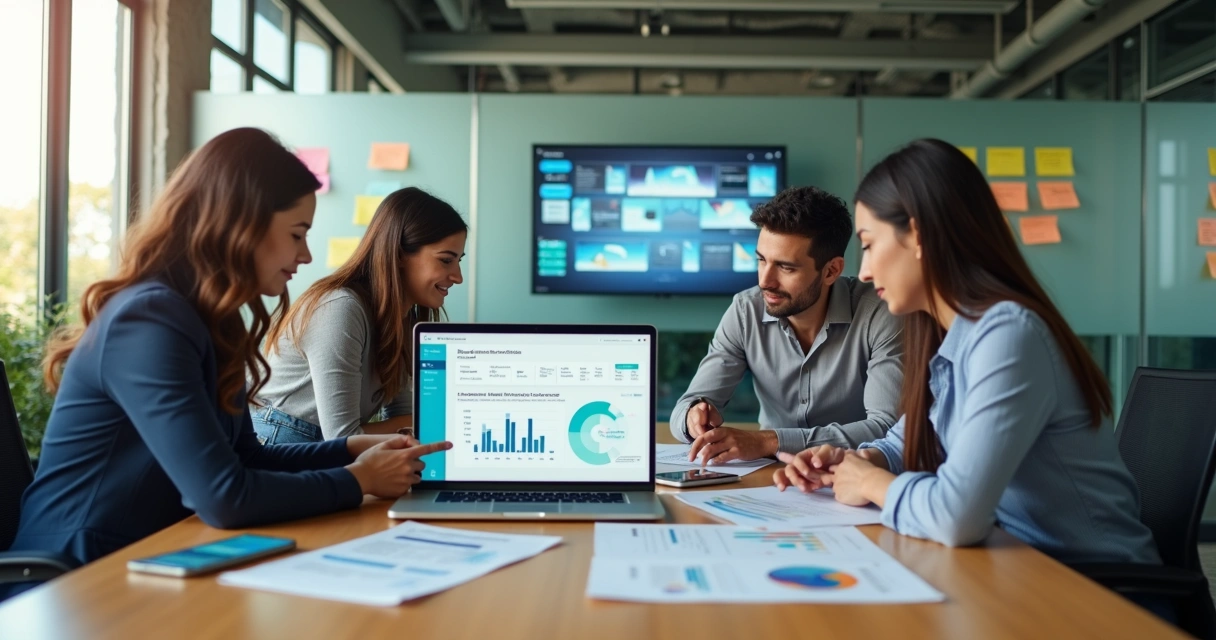 Equipo de recursos humanos revisando datos laborales en una oficina moderna 