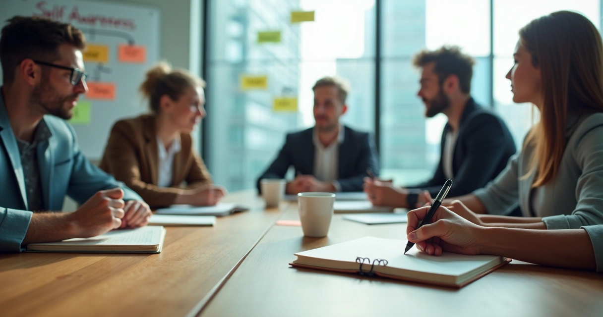 Equipo diverso en sala de reuniones haciendo autorreflexión para cambio cultural 