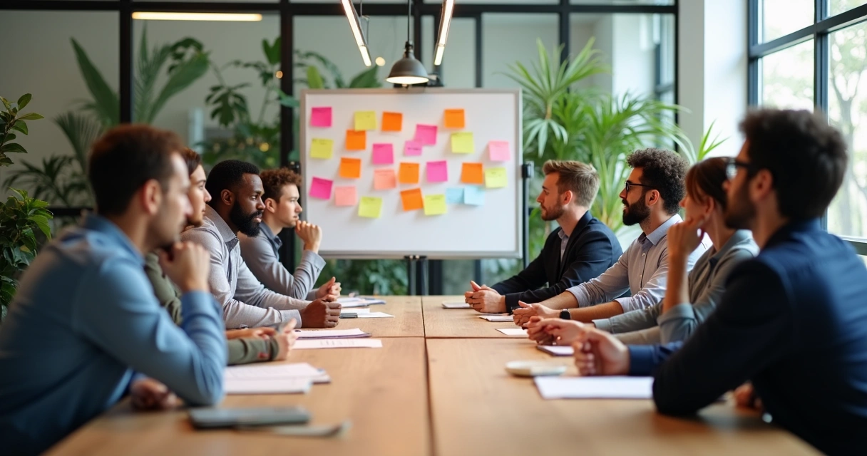 Equipo reflexionando sobre valores en oficina 
