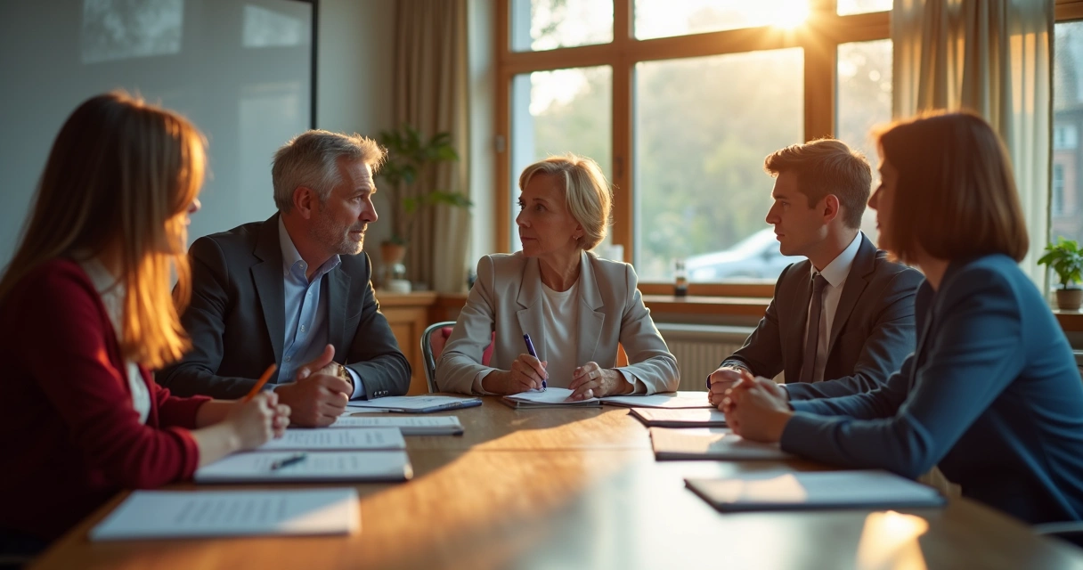 Equipo de trabajo reflexionando juntos tras una reunión 