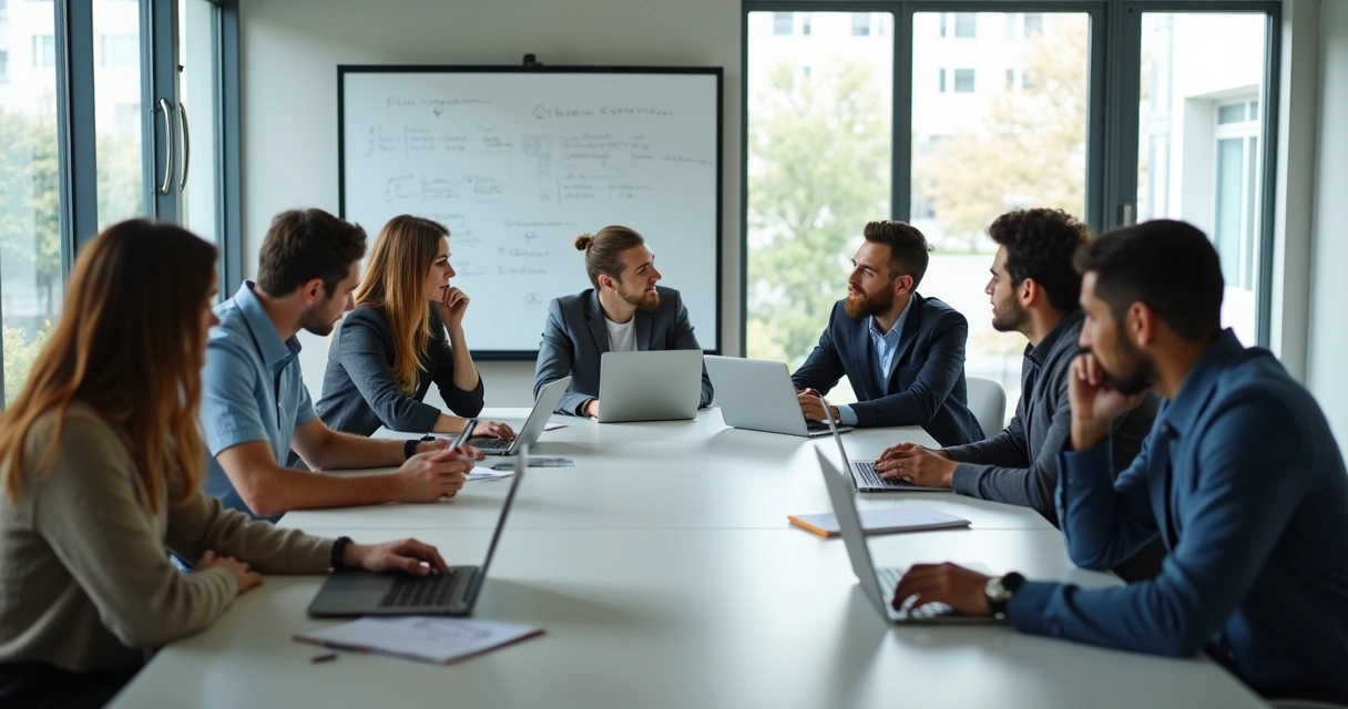 Equipo de trabajo reflexionando en una sala de reuniones.