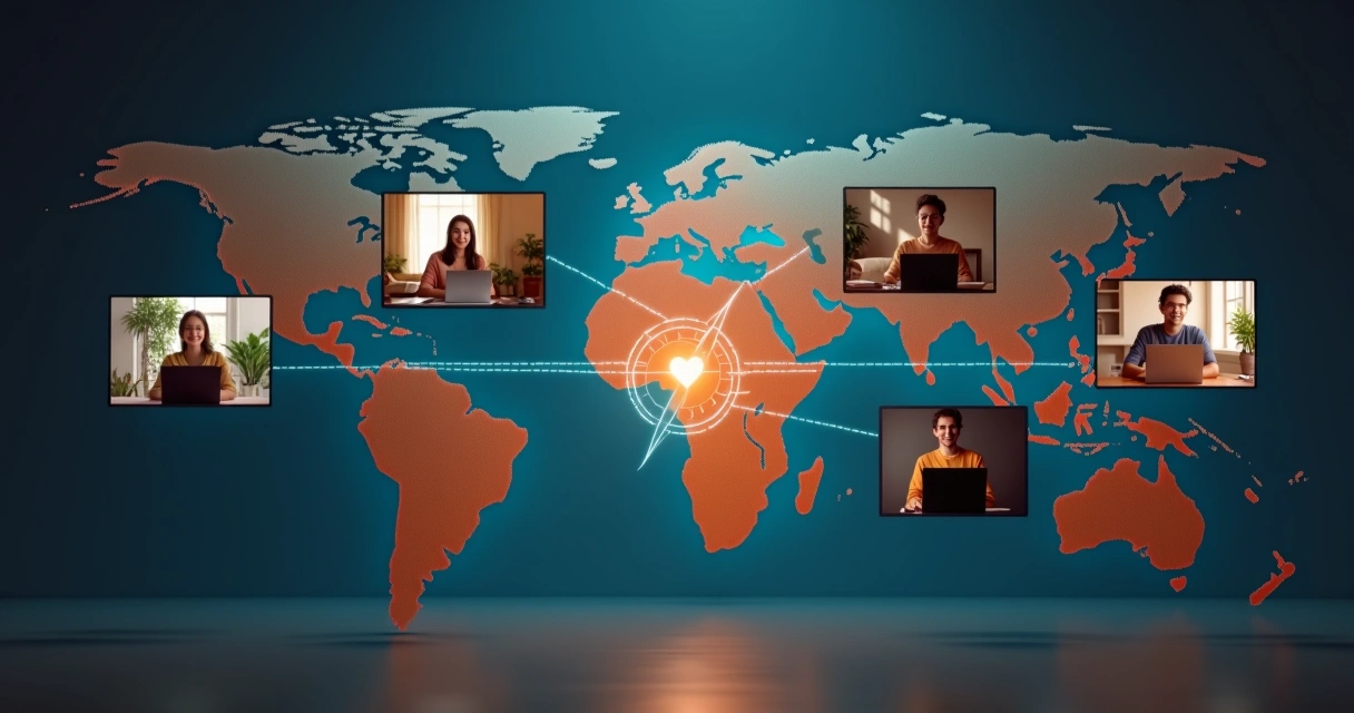 Equipo remoto conectado sobre mapa mundial brillante 