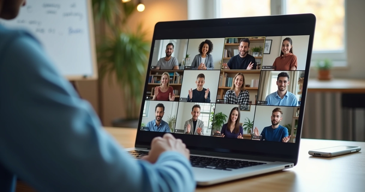 Líder facilitando reunión virtual con equipo remoto conectado por red sistémica 
