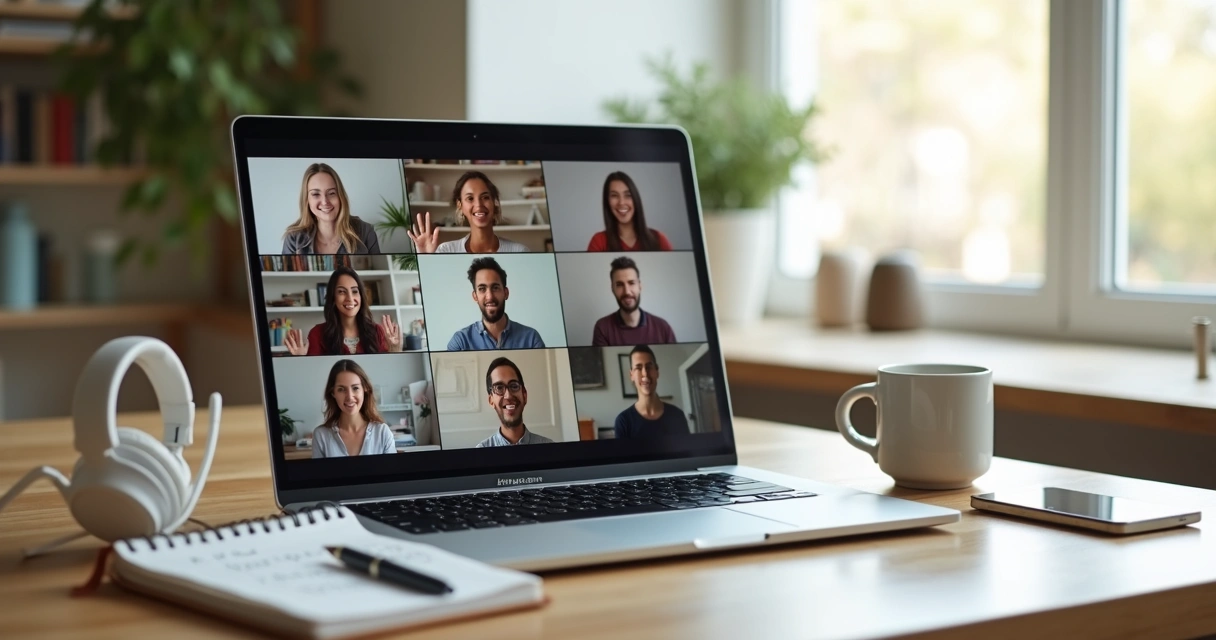 Equipo remoto multinacional saludando por videollamada en un entorno de trabajo moderno 