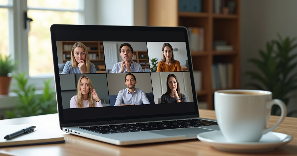 Equipo remoto en videollamada gestionando emociones difíciles de forma colaborativa 