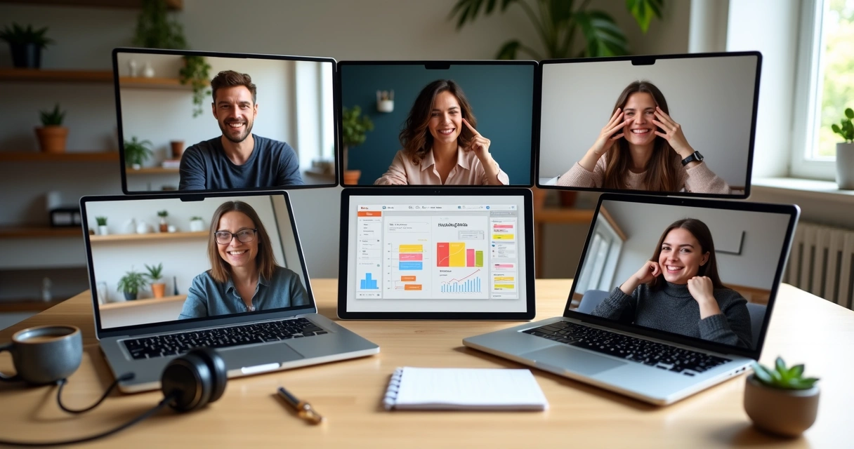 Equipo remoto diverso conectando virtualmente con actitud colaborativa. 
