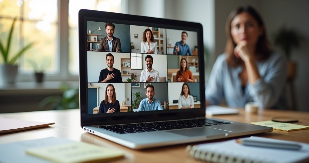 Equipo remoto en videollamada practicando responsabilidad emocional 