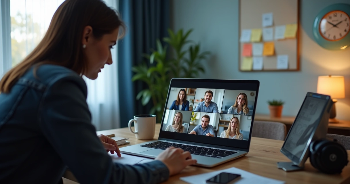 Equipo remoto en videollamada con señales de carga laboral 