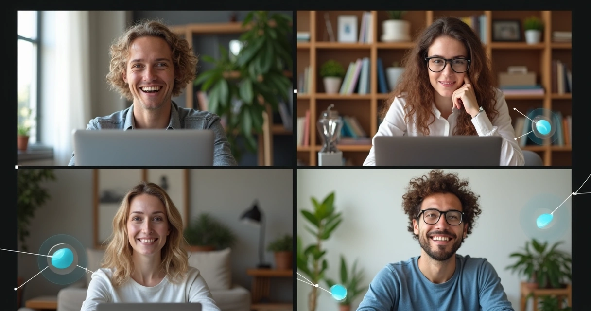 Equipo remoto en videollamada mostrando expresiones diversas y colaborando en laptops.
