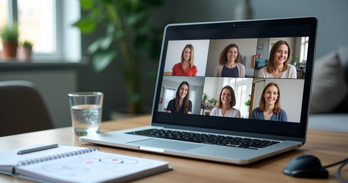 Equipo remoto en videollamada con facilitación grupal 
