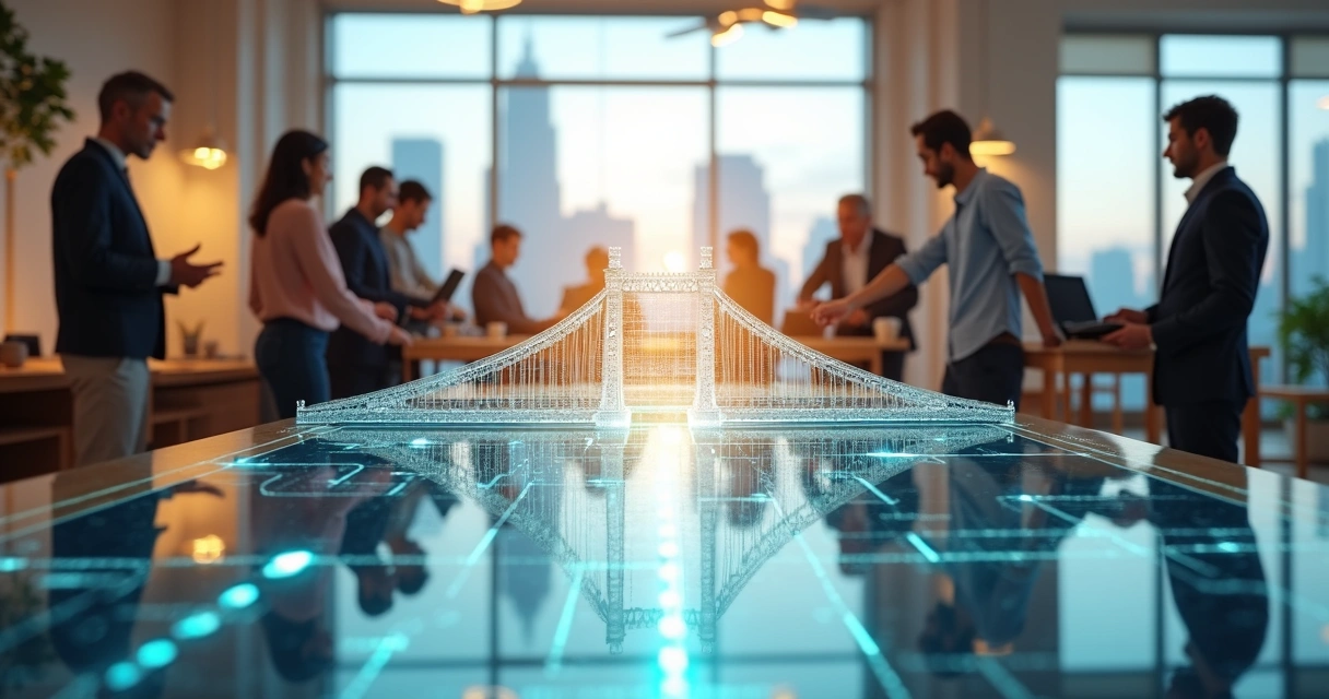 Equipo híbrido juntando piezas de un puente digital y físico 