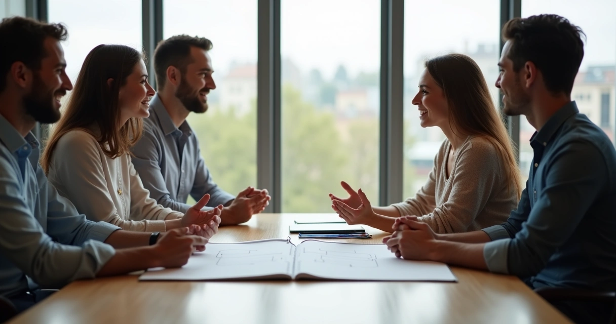 Equipo de trabajo sentado alrededor de una mesa dialogando y resolviendo un conflicto en ambiente relajado 