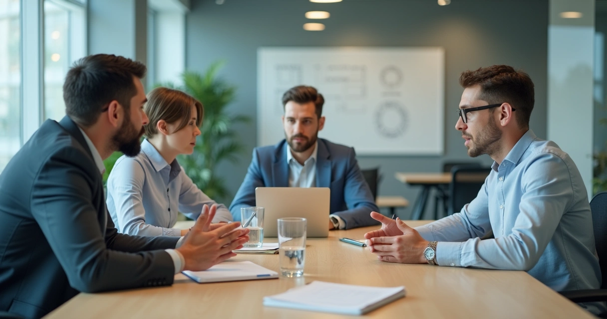 Tres colegas conversan en una sala de reuniones resolviendo una tensión laboral 