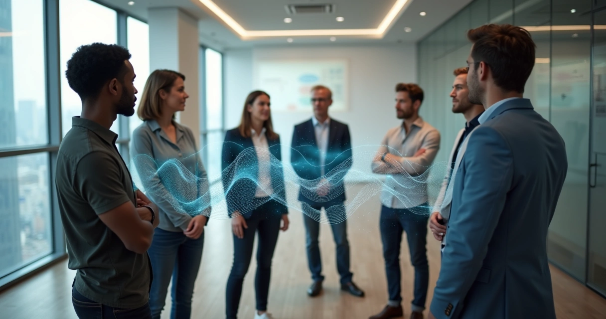 Equipo de trabajo formando un círculo con líneas de luz conectando a las personas 