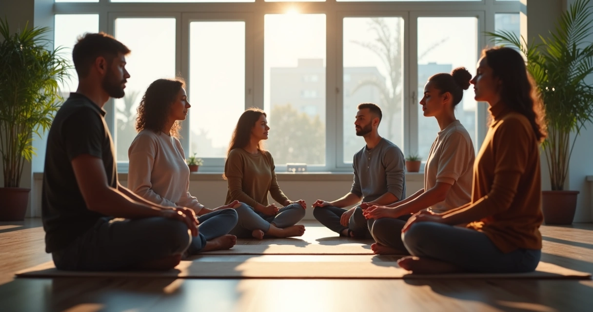Grupo de personas haciendo respiración consciente juntos en una oficina 