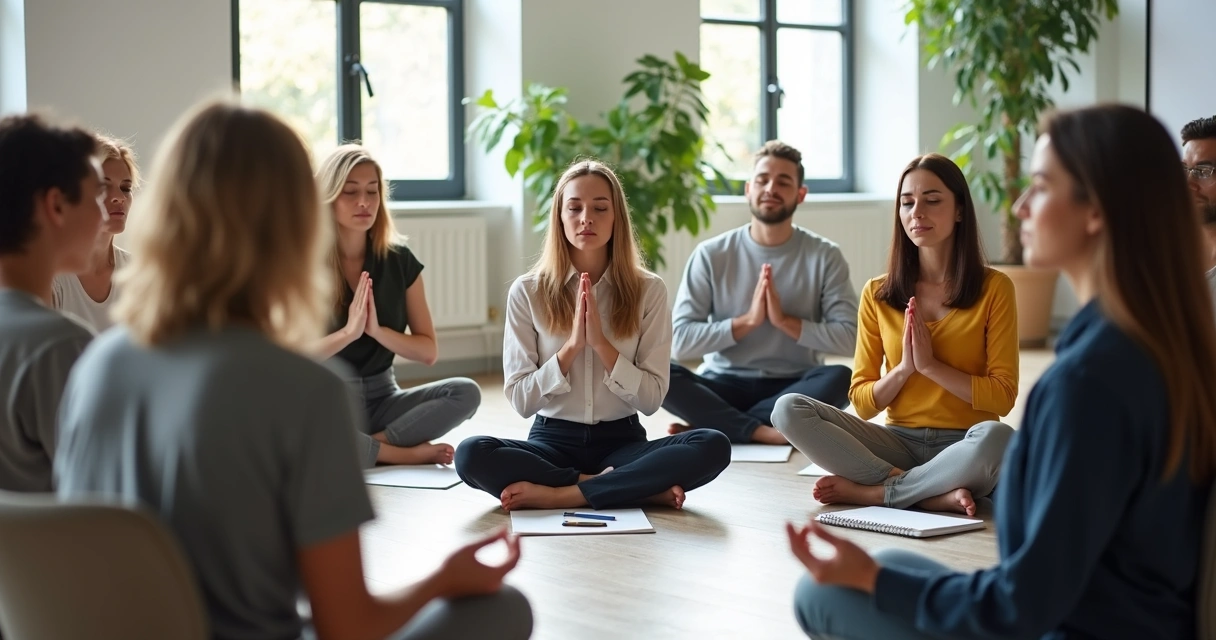 Grupo sentado en círculo respirando antes de una sesión creativa