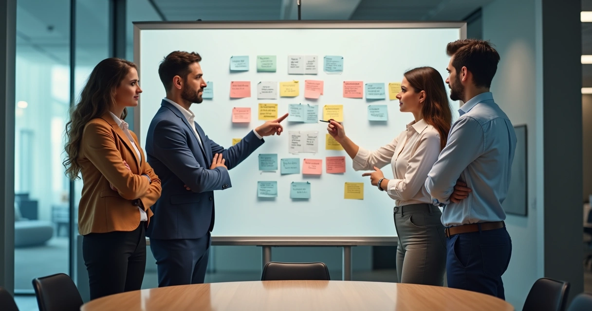 Equipo de trabajo conversando y señalando tareas en un tablero 