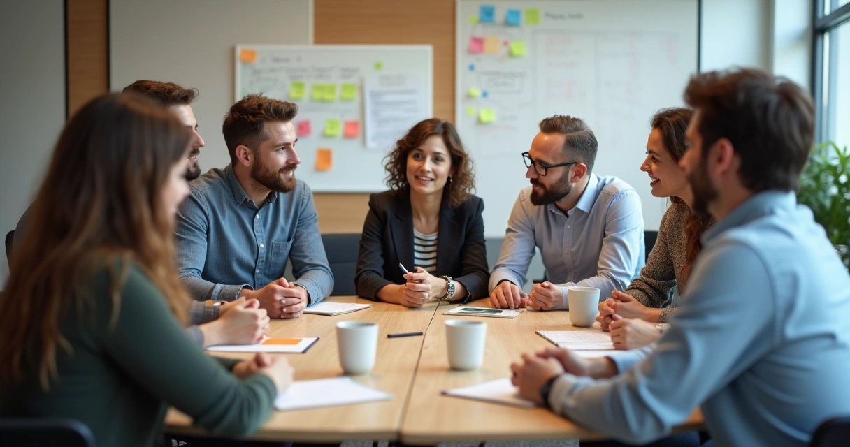 Equipo de trabajo reunido en círculo, conversando con actitud reflexiva y cooperativa.