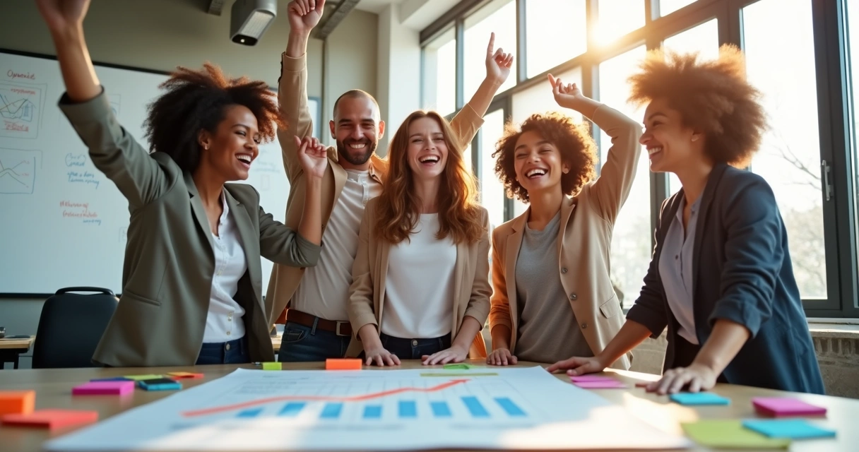 Equipo celebrando logro en una sala de oficina luminosa 