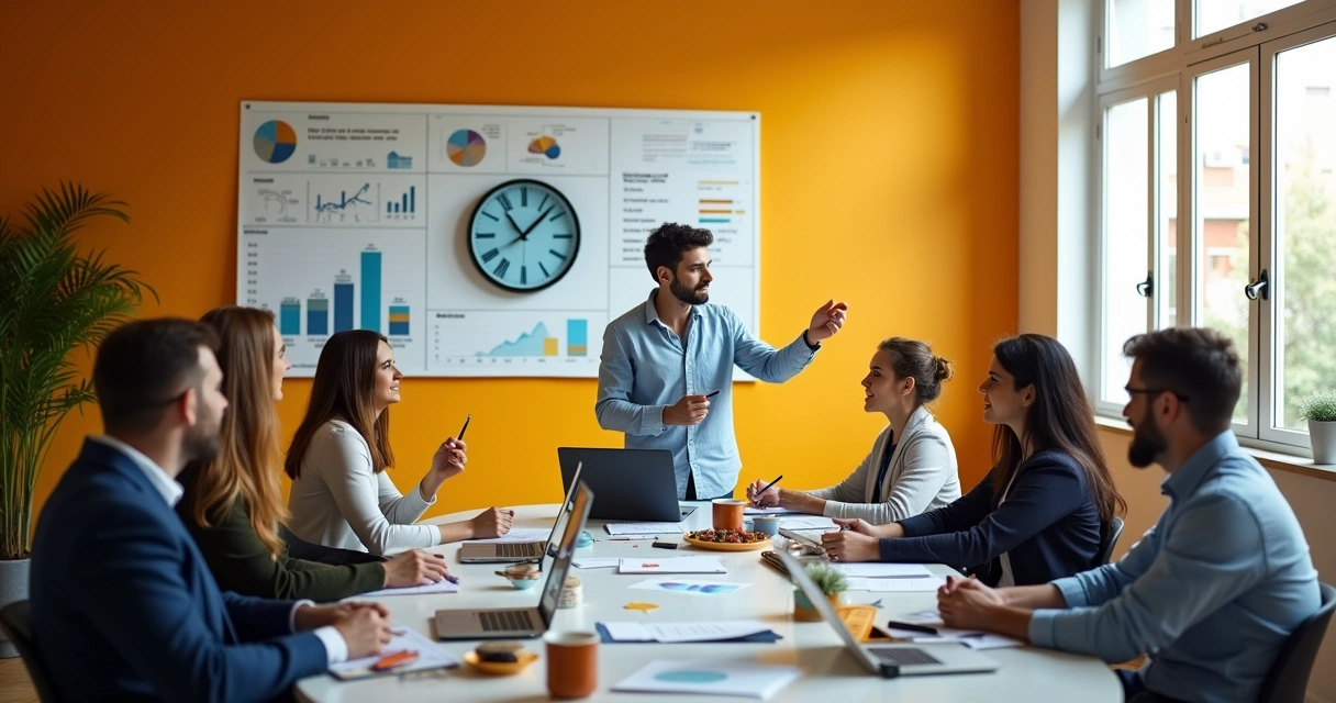 Equipe diversa em um escritório moderno, analisando dados e discutindo inovação em uma reunião colaborativa.