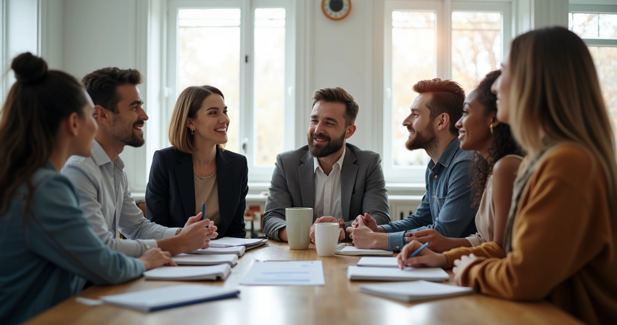 Equipo de trabajo reunido en ambiente laboral, compartiendo ideas. 