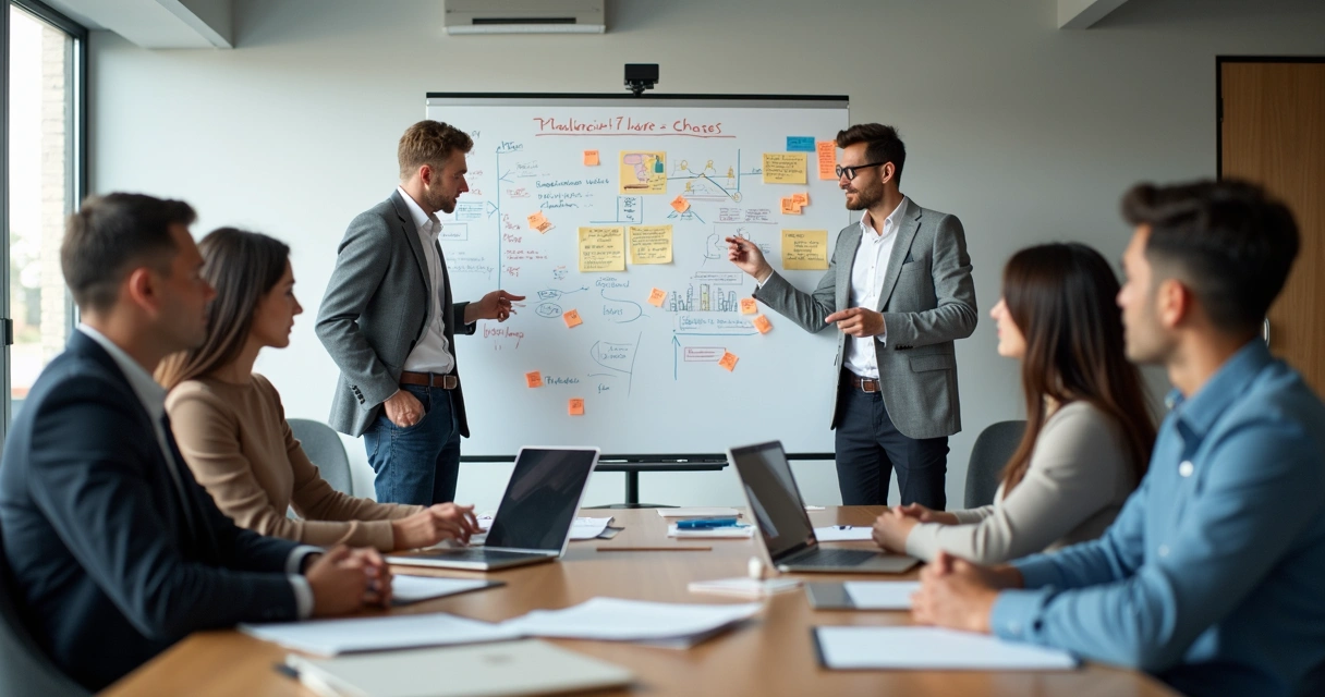 Personas reunidas en una oficina analizando una pizarra con dibujos y gráficos