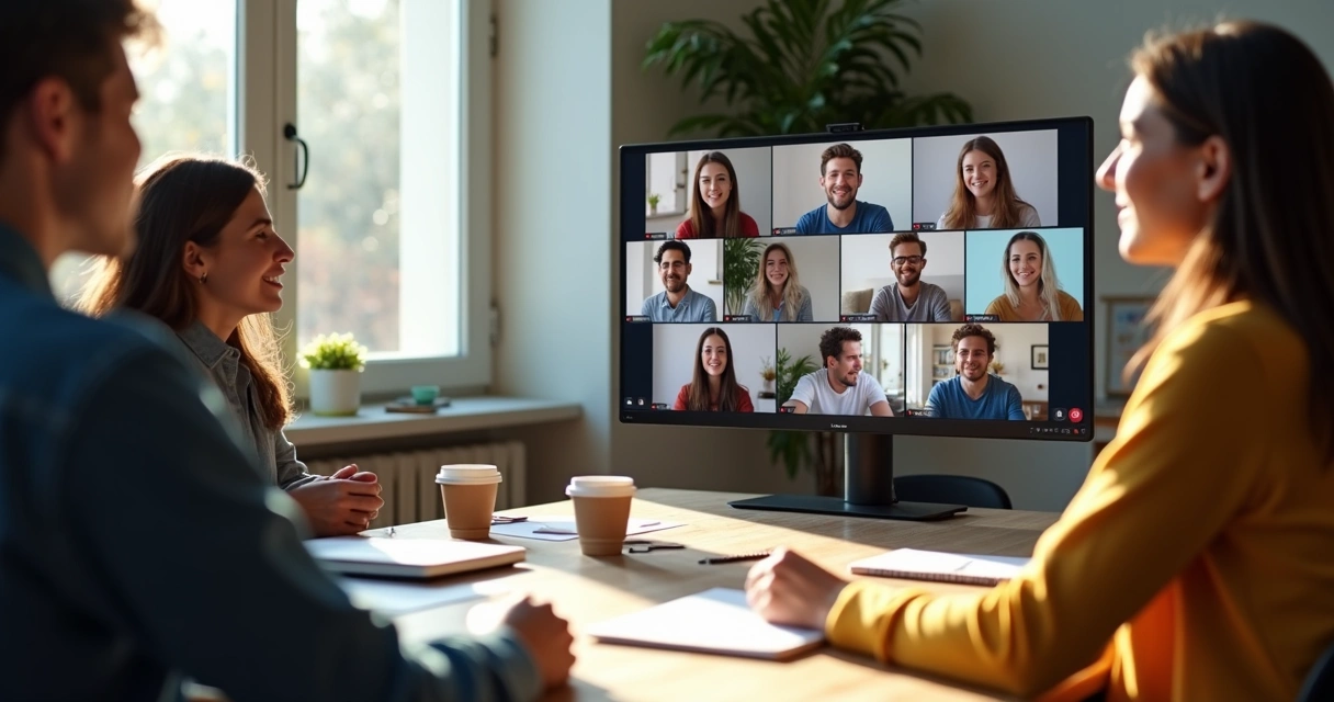 Personas en videollamada grupal con rostros atentos 