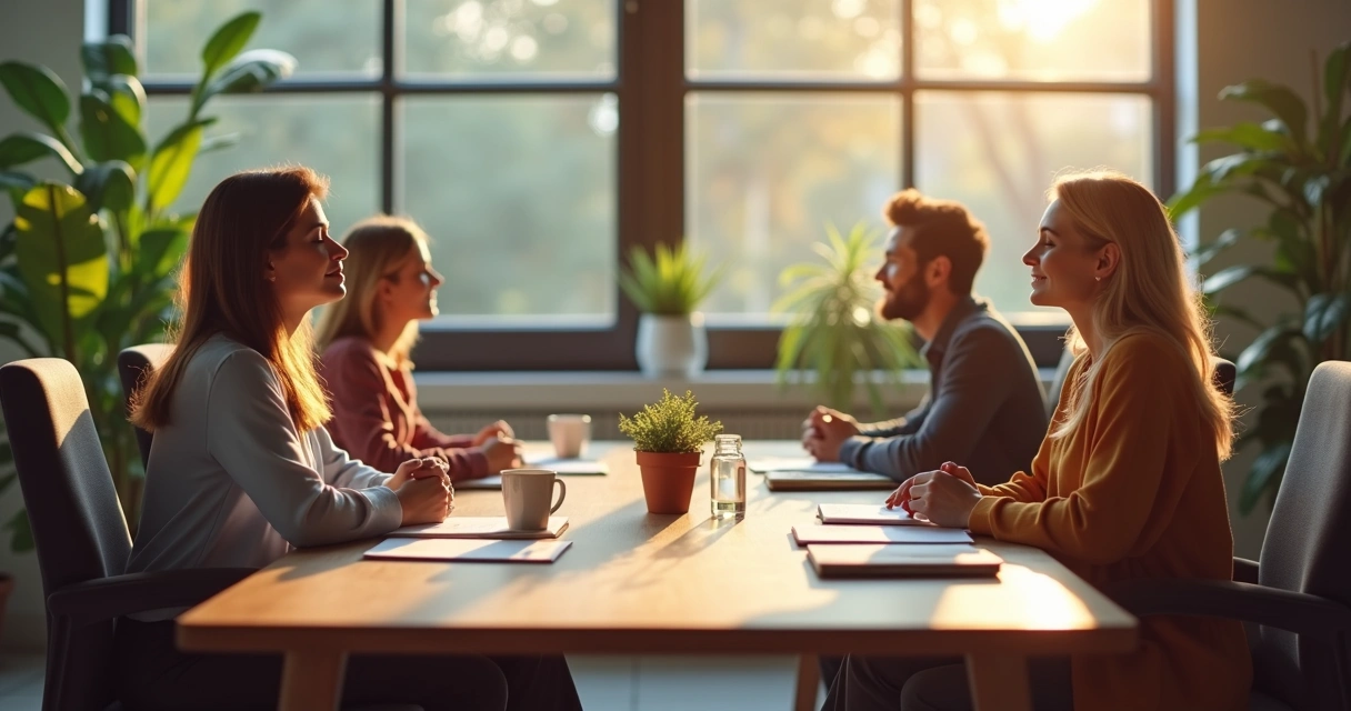 Equipo de trabajo en reunión con ambiente armónico y relajado 