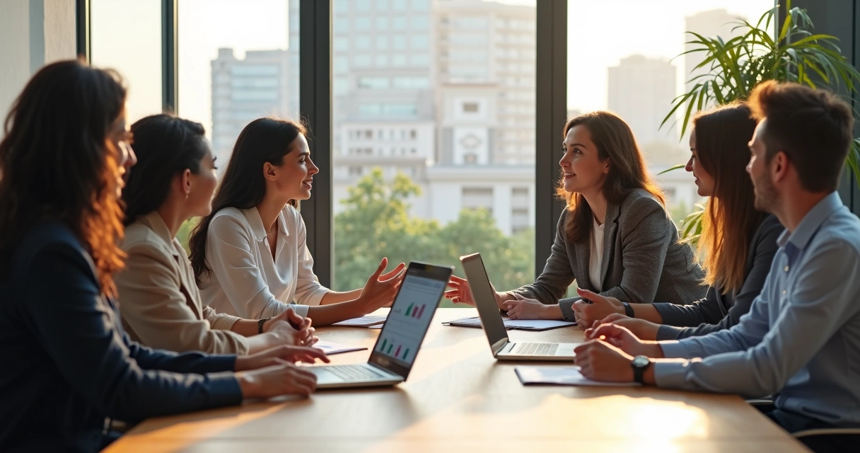Equipo diverso en reunión mostrando autenticidad y confianza en una oficina moderna 