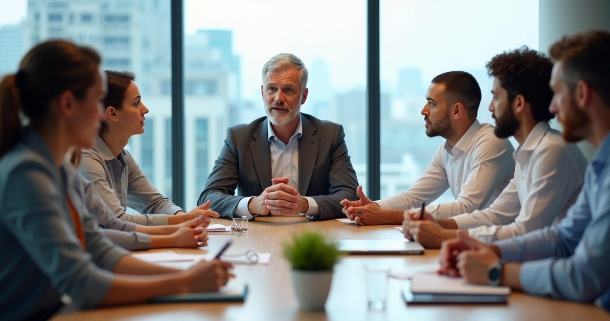Equipo diverso en reunión practicando autorregulación emocional con postura serena 