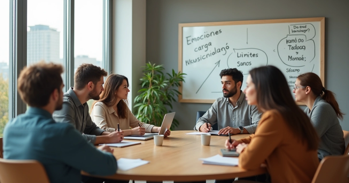 Equipo en mesa redonda compartiendo emociones y apoyándose mutuamente 